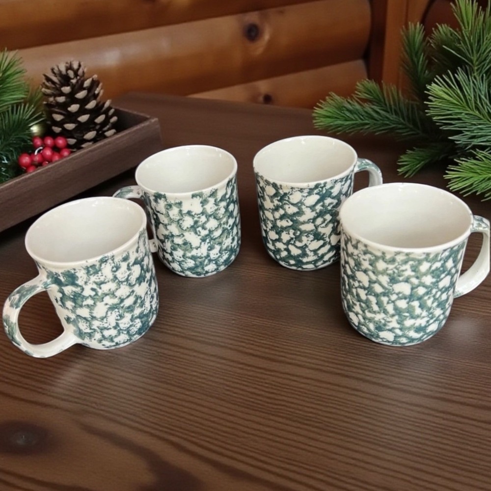 Folk Craft Tienshan Moose Country Coffee Mug Cup x4 Green Sponge Pattern EUC